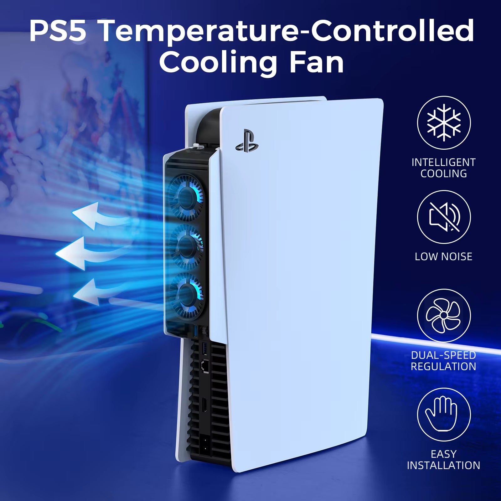 PS5 Temperature-Controlled Cooling Fan Upgraded Cooler Fan with USB3.0 Hubs Compatible with PS5 Disc & Digital Edition