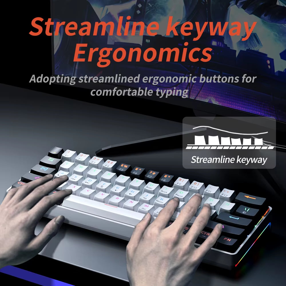 MK61 USB Gaming Mechanical Keyboard Red Switch RGB Backlit Hot Swappable 61 Keys Wired Detachable Cable
