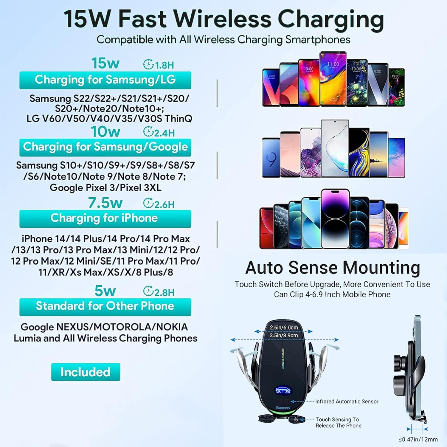 15W Fast Wireless Phone Charger, Car Wireless Phone Charger and Holder, Auto-Clamping Senser, 1000 Times Opening without Power, Suit for Car Office Kitchen, round Vent Friendly, Case Friendly