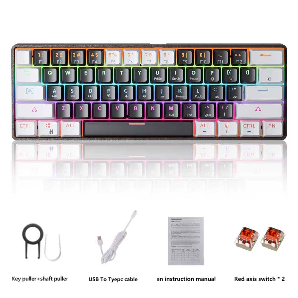 MK61 USB Gaming Mechanical Keyboard Red Switch RGB Backlit Hot Swappable 61 Keys Wired Detachable Cable