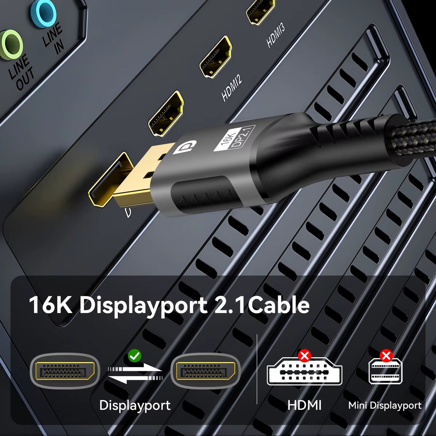 16K DP 2.1 8K@120Hz 4K@240Hz 80Gbps HDR Video Audio Displayport Cable Display Port for Laptop TV Xbox Projector Gaming Monitor