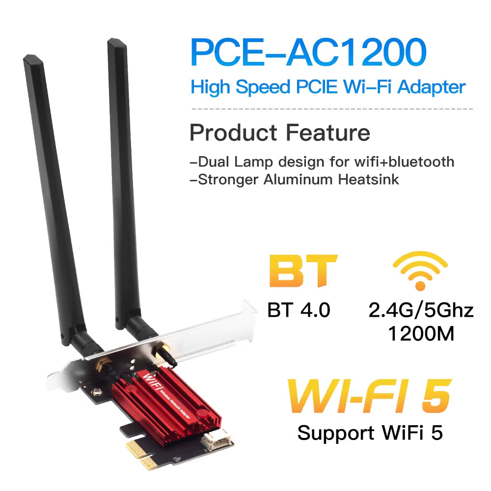 Wifi 5 PCI-E Wireless Adapter AC1200 Network Card Dual Band 2.4G/5Ghz 802.11AC for Bluetooth 4.0 Desktop Windows 7/8/10/11