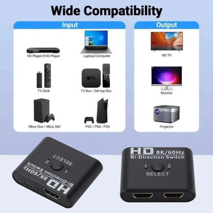 2 Ports Bi-Direction Hdmi-Compatible Video Switcher High Speed 8K 60Hz HDMI Splitter 2 in 1 Out HDMI Switch 1X2/2X1 HUB Adapter